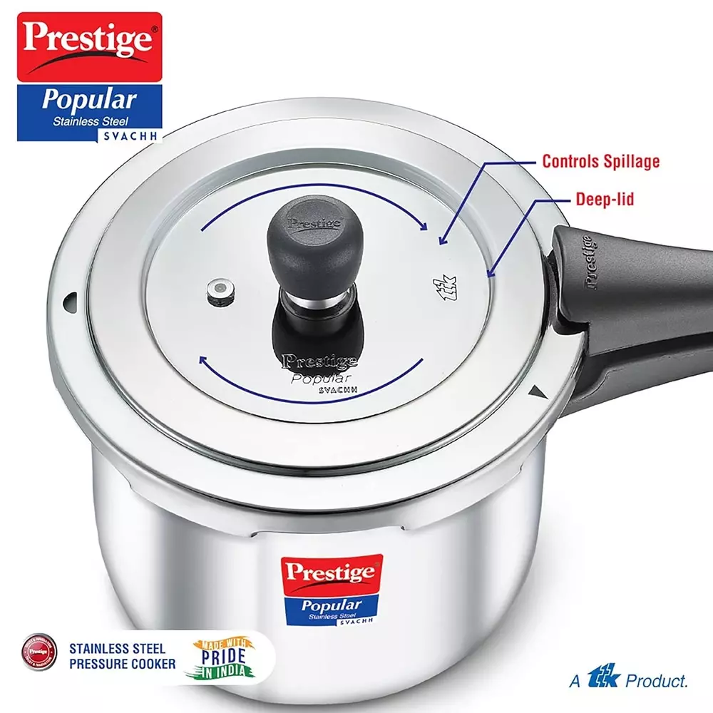 Prestige Popular Svachh Pressure Cooker 1.5 L Capacity Comfortable Handles Stainless Steel Silver, 20192