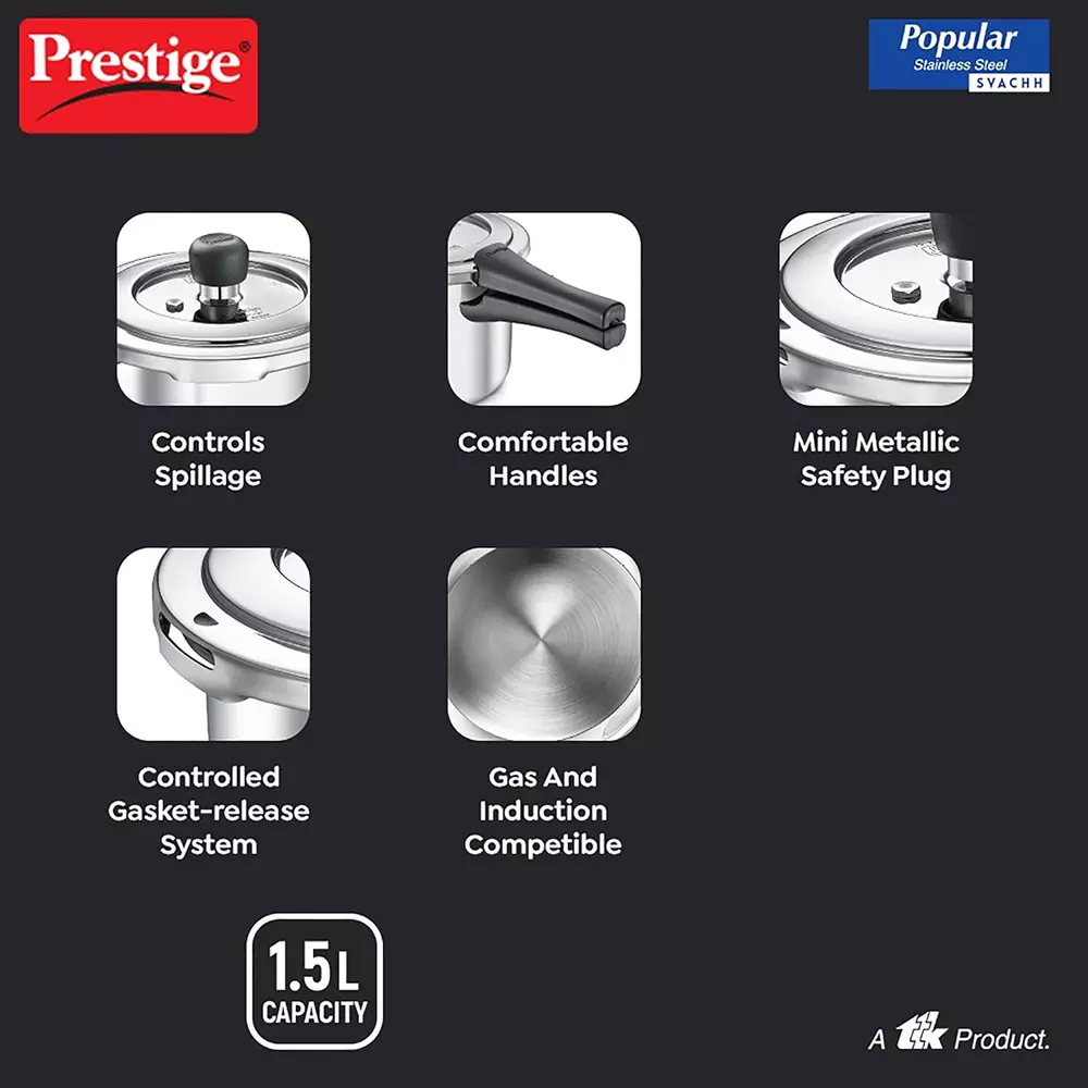 Prestige Popular Svachh Pressure Cooker 1.5 L Capacity Comfortable Handles Stainless Steel Silver, 20192