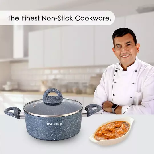 Wonderchef Granite Casserole with Glass Lid 24 cm 4 L Virgin Aluminium Non-Stick Grey, 60004500