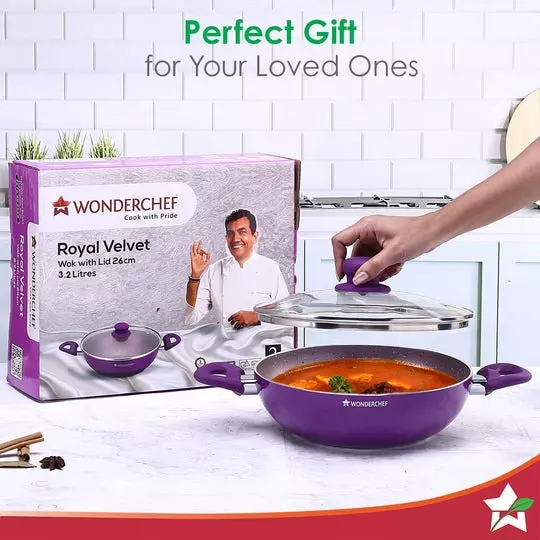 Wonderchef Royal Velvet Wok with Lid 26 cm 3.2 L Pure Grade Aluminium Non-Stick Purple , 63152113