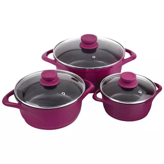 Wonderchef Ceramide Cookware Set with Glass Lid Non-Stick Pure Grade Aluminium Pink, 11202146 (6 Pcs Set)