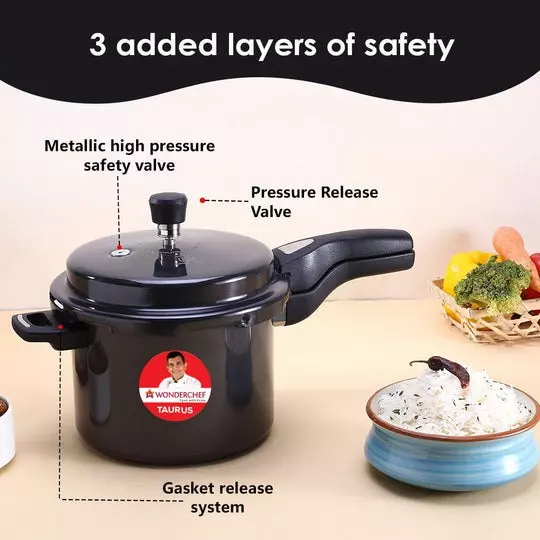 Wonderchef Taurus 5 L Pressure Cooker with Outer Lid Hard Anodized Black ISI Certified, 63154823