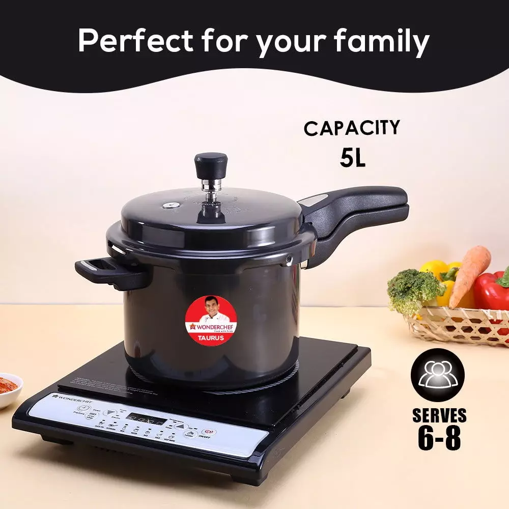 Wonderchef Taurus 5 L Pressure Cooker with Outer Lid Hard Anodized Black ISI Certified, 63154823