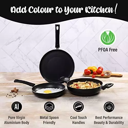 Wonderchef Valencia Dosa Tawa, Fry Pan Kadhai Non Stick Pure Grade Aluminium Black, 63154767 (3 Pcs Set)