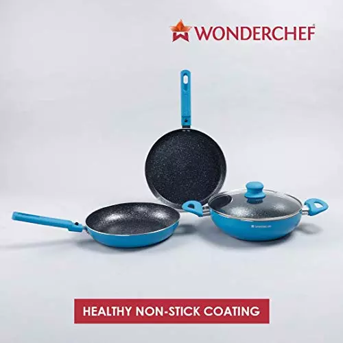 Wonderchef Power Dosa Tawa, Fry Pan & Kadhai with Glass Lid Non Stick Virgin Aluminium Blue, 63153426 (4 Pcs Set)