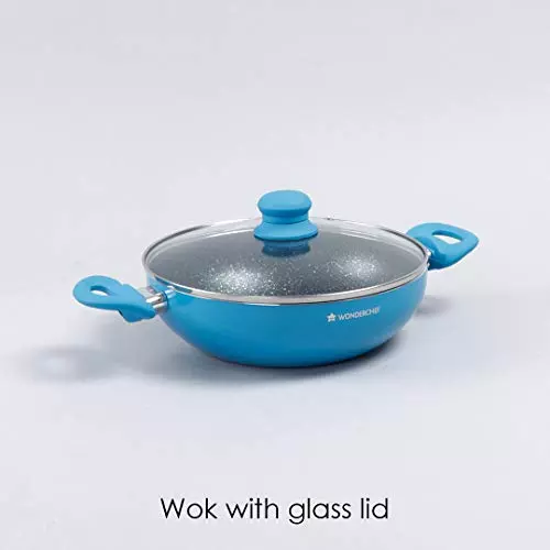 Wonderchef Power Dosa Tawa, Fry Pan & Kadhai with Glass Lid Non Stick Virgin Aluminium Blue, 63153426 (4 Pcs Set)