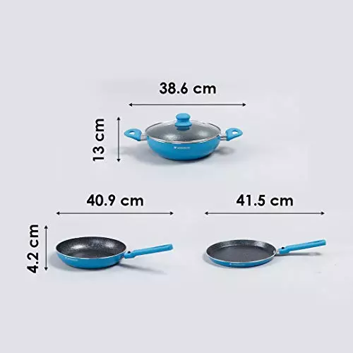Wonderchef Power Dosa Tawa, Fry Pan & Kadhai with Glass Lid Non Stick Virgin Aluminium Blue, 63153426 (4 Pcs Set)