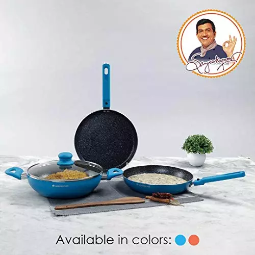 Wonderchef Power Dosa Tawa, Fry Pan & Kadhai with Glass Lid Non Stick Virgin Aluminium Blue, 63153426 (4 Pcs Set)