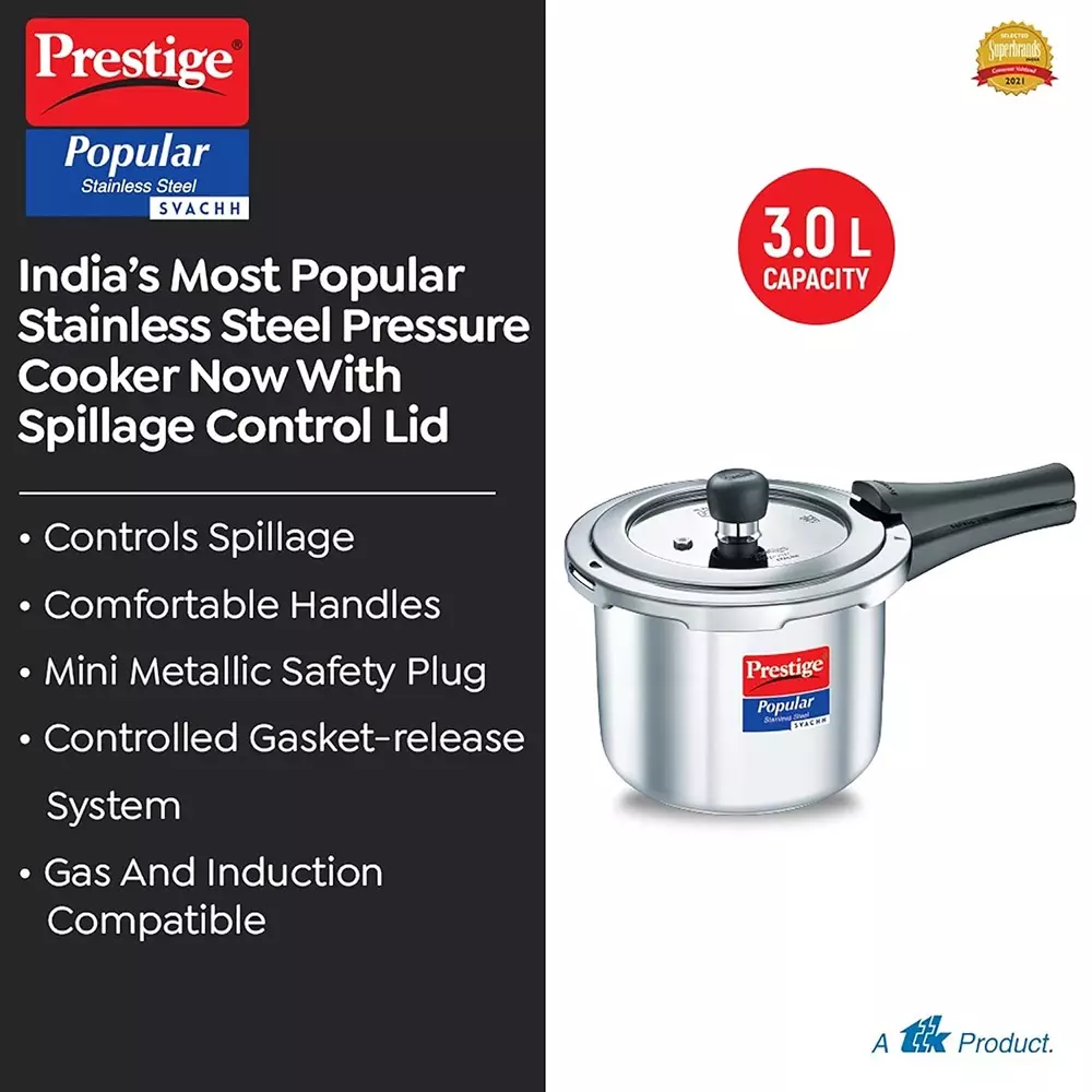 Prestige Popular Svachh Pressure Cooker 3 L Capacity Comfortable Handles Stainless Steel Silver, 20172