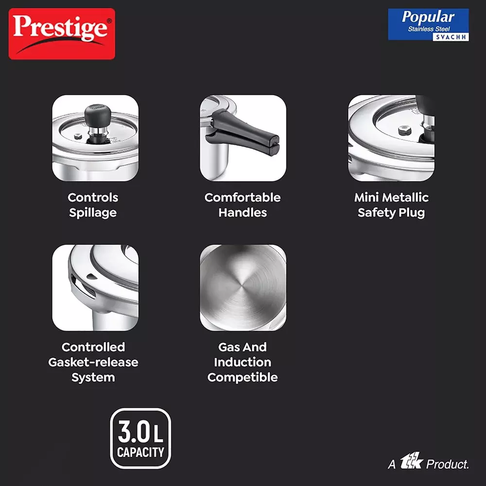 Prestige Popular Svachh Pressure Cooker 3 L Capacity Comfortable Handles Stainless Steel Silver, 20172
