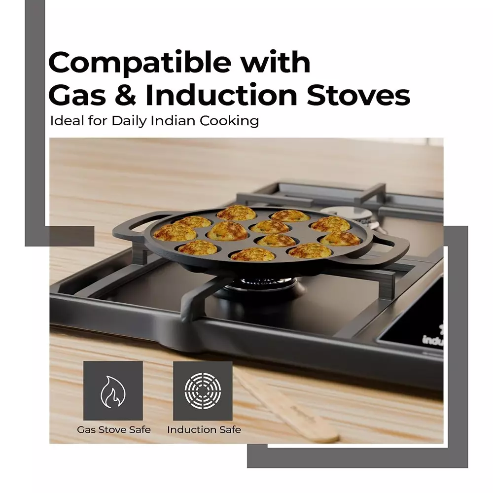 Lifelong Paniyaram Pan 12 Pits Black 1.5 L Capacity Cast Iron Round Shape, LLCIP011