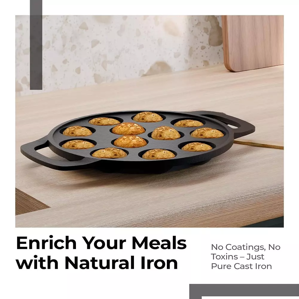 Lifelong Paniyaram Pan 12 Pits Black 1.5 L Capacity Cast Iron Round Shape, LLCIP011