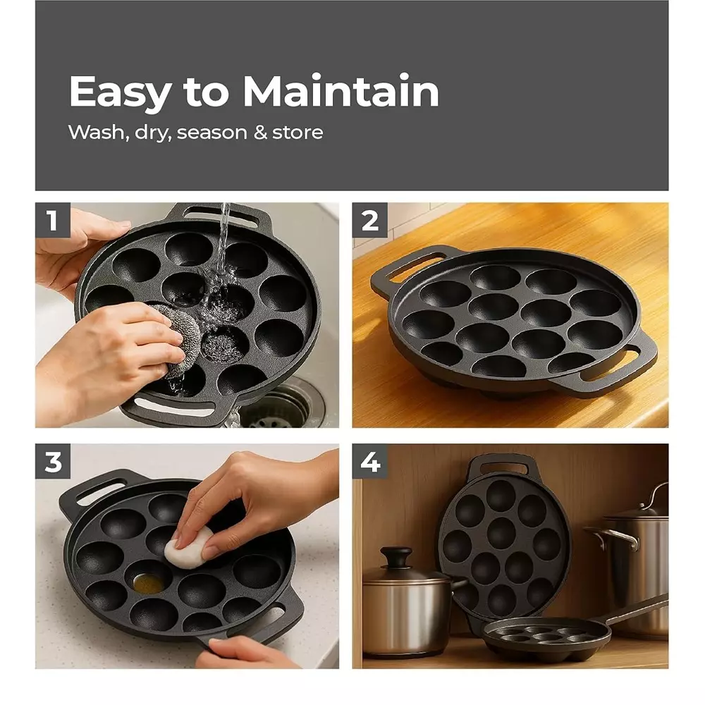 Lifelong Paniyaram Pan 12 Pits Black 1.5 L Capacity Cast Iron Round Shape, LLCIP011