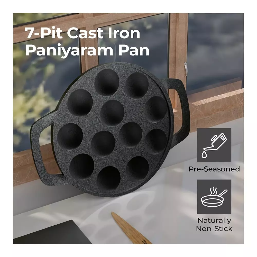 Lifelong Paniyaram Pan 12 Pits Black 1.5 L Capacity Cast Iron Round Shape, LLCIP011