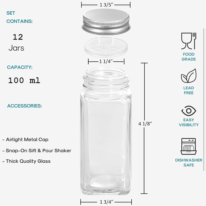 GENERIC 100 ml Empty Spice Glass Jar Transparent Square Shape for Storing Spices (Pack of 12)