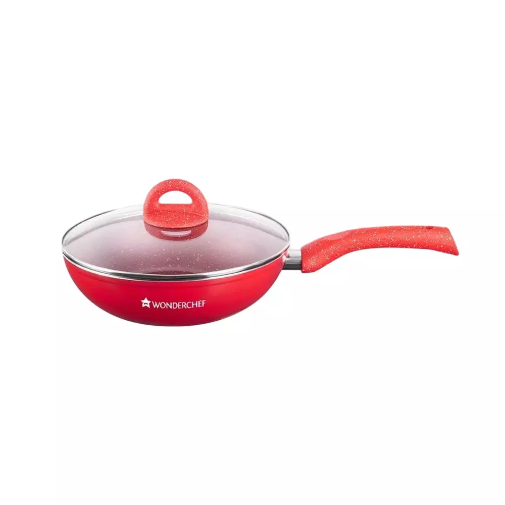 Wonderchef Granite Wok with Glass lid 24 cm 2.7 L Non-Stick Aluminum Red, 63153530