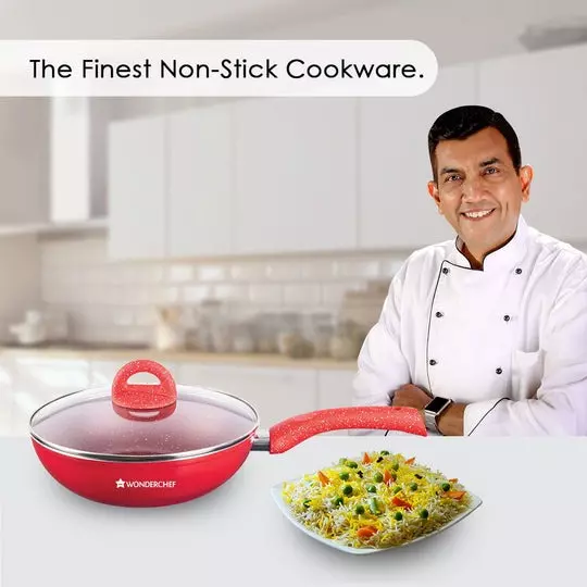 Wonderchef Granite Wok with Glass lid 24 cm 2.7 L Non-Stick Aluminum Red, 63153530