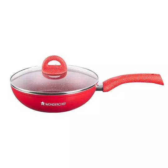 Wonderchef Granite Wok with Glass lid 24 cm 2.7 L Non-Stick Aluminum Red, 63153530