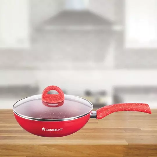 Wonderchef Granite Wok with Glass lid 24 cm 2.7 L Non-Stick Aluminum Red, 63153530