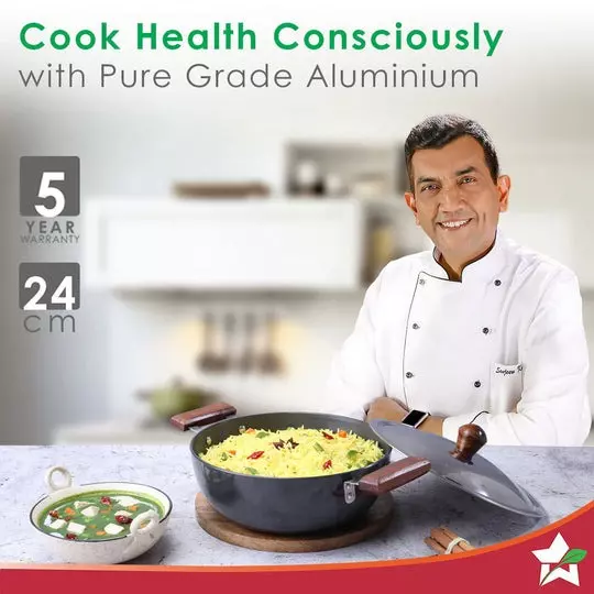 Wonderchef Ebony Deep Kadhai with SS Lid 24 cm 3 L Aluminium Hard Anodized Black, 63152888