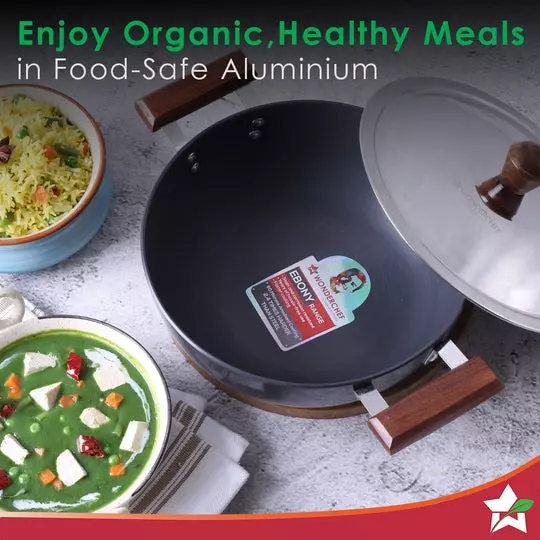 Wonderchef Ebony Deep Kadhai with SS Lid 24 cm 3 L Aluminium Hard Anodized Black, 63152888