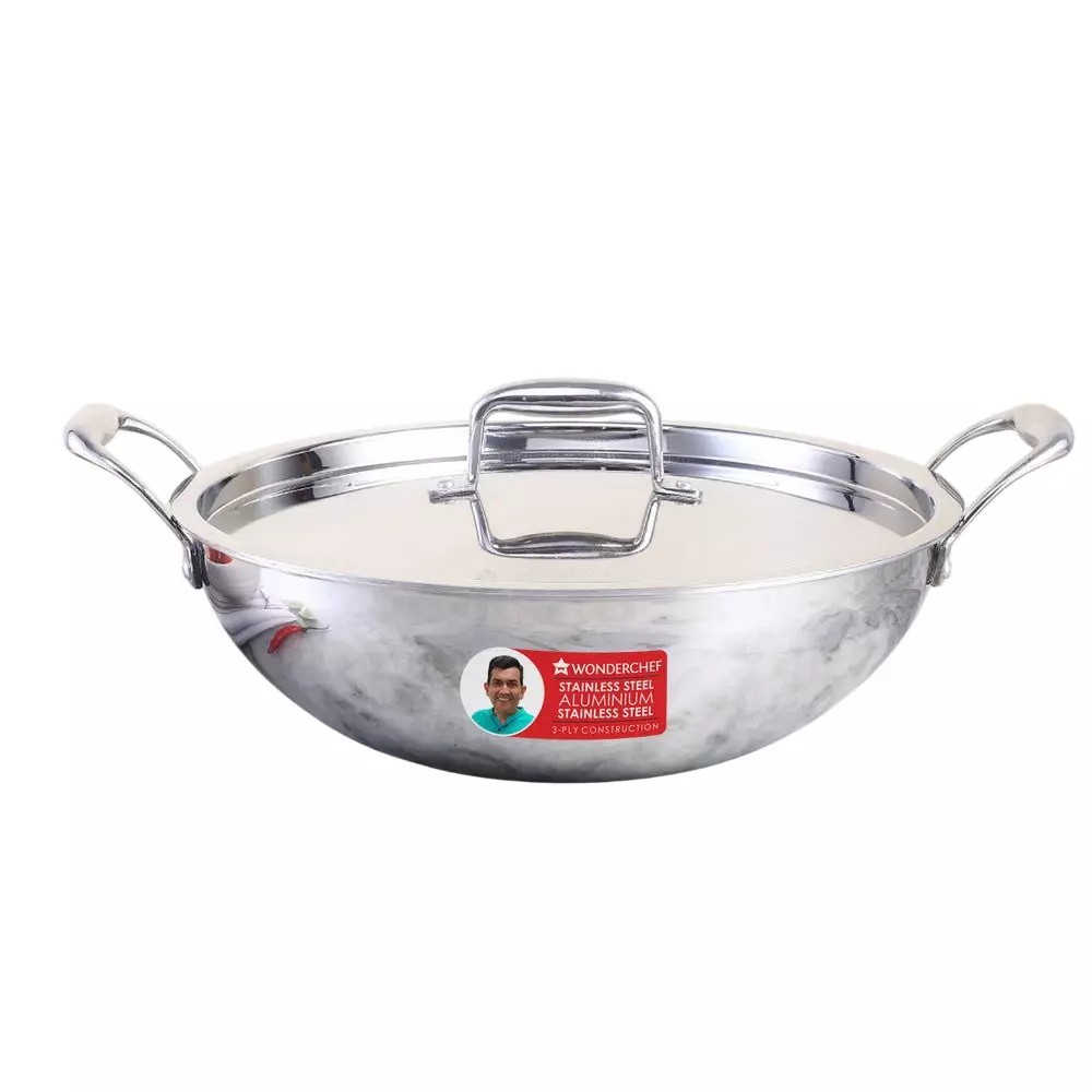Wonderchef Nigella Kadhai with Lid 24 cm 2.2 L Tri-ply Stainless Steel Chrome, 63153401