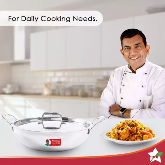 Wonderchef Nigella Kadhai with Lid 24 cm 2.2 L Tri-ply Stainless Steel Chrome, 63153401