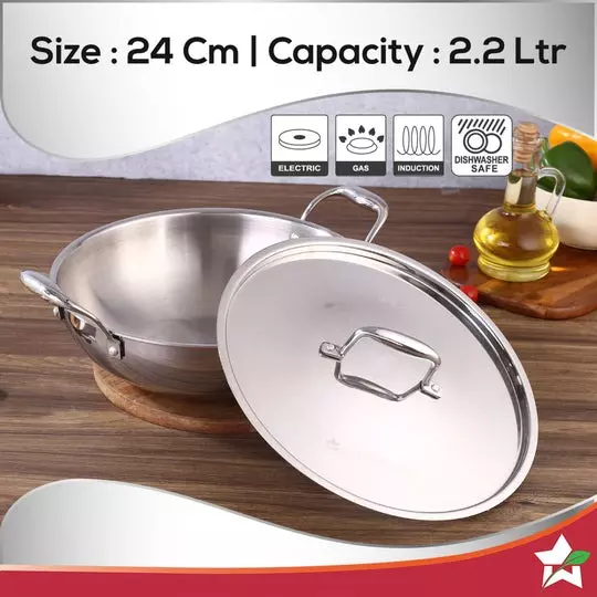 Wonderchef Nigella Kadhai with Lid 24 cm 2.2 L Tri-ply Stainless Steel Chrome, 63153401