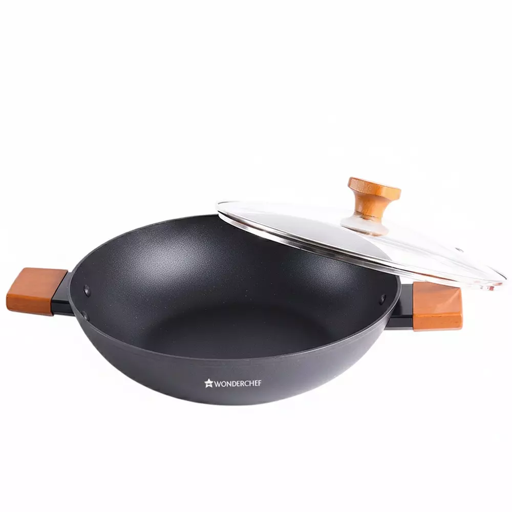 Wonderchef Caesar Forged Kadhai with Glass Lid 24 cm 2.7 L Aluminium Greblon C3 Non-Stick Coating Black, 63154846