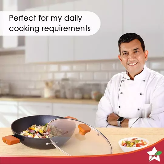 Wonderchef Caesar Forged Kadhai with Glass Lid 24 cm 2.7 L Aluminium Greblon C3 Non-Stick Coating Black, 63154846