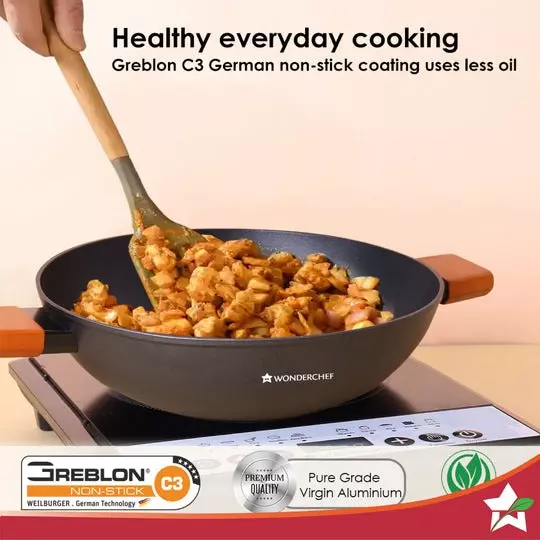 Wonderchef Caesar Forged Kadhai with Glass Lid 24 cm 2.7 L Aluminium Greblon C3 Non-Stick Coating Black, 63154846