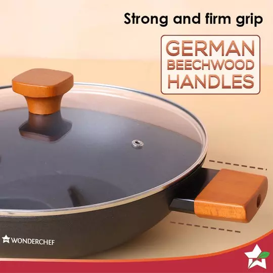 Wonderchef Caesar Forged Kadhai with Glass Lid 24 cm 2.7 L Aluminium Greblon C3 Non-Stick Coating Black, 63154846