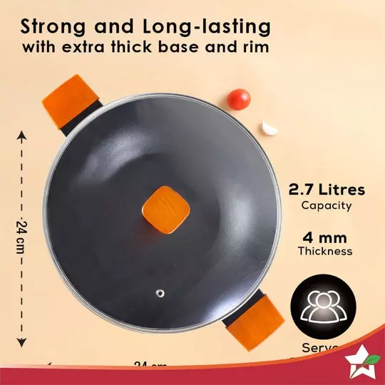 Wonderchef Caesar Forged Kadhai with Glass Lid 24 cm 2.7 L Aluminium Greblon C3 Non-Stick Coating Black, 63154846