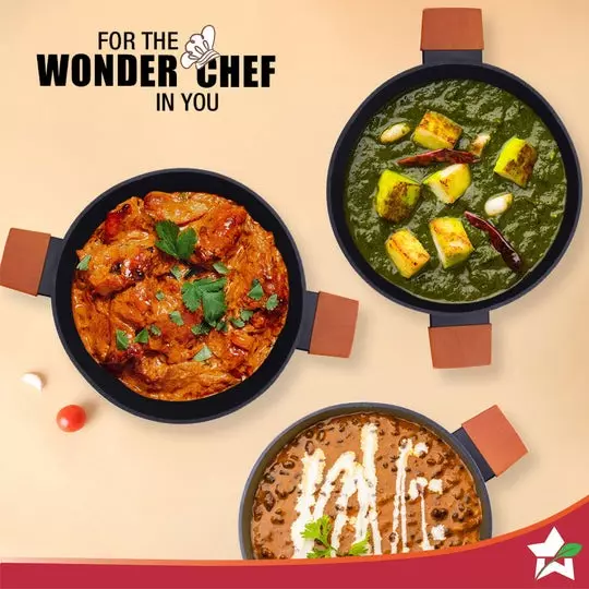 Wonderchef Caesar Forged Kadhai with Glass Lid 24 cm 2.7 L Aluminium Greblon C3 Non-Stick Coating Black, 63154846