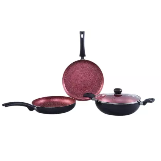 Wonderchef Sigma Dosa Tawa, Fry Pan & Kadhai with Glass Lid Non-Stick Virgin Aluminium Red & Black, 63153764 (4 Pcs Set)