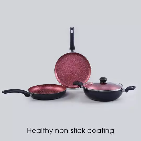 Wonderchef Sigma Dosa Tawa, Fry Pan & Kadhai with Glass Lid Non-Stick Virgin Aluminium Red & Black, 63153764 (4 Pcs Set)
