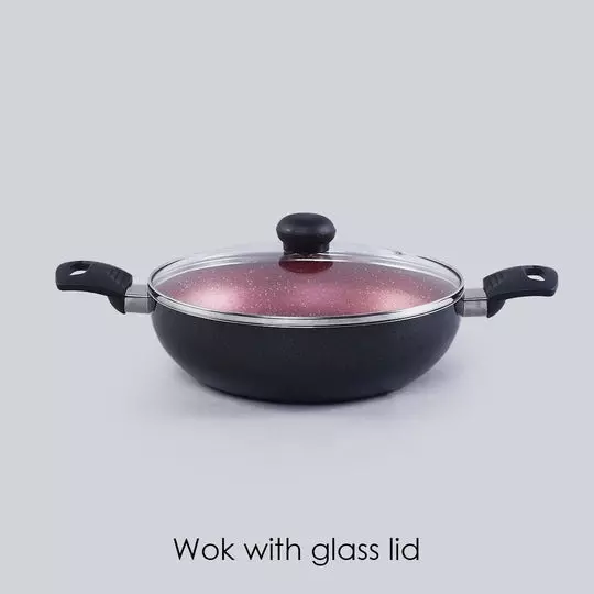 Wonderchef Sigma Dosa Tawa, Fry Pan & Kadhai with Glass Lid Non-Stick Virgin Aluminium Red & Black, 63153764 (4 Pcs Set)