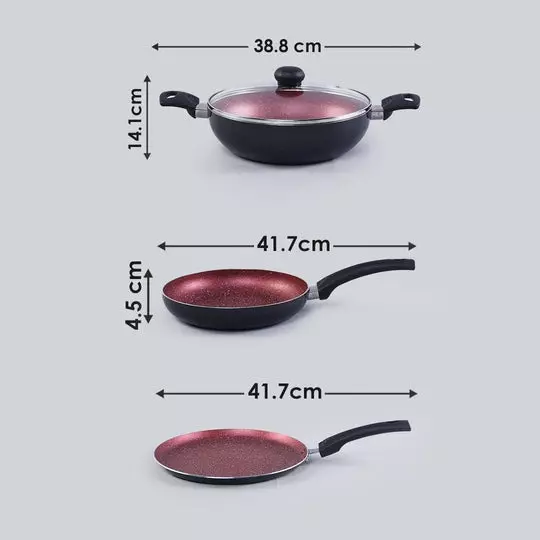 Wonderchef Sigma Dosa Tawa, Fry Pan & Kadhai with Glass Lid Non-Stick Virgin Aluminium Red & Black, 63153764 (4 Pcs Set)