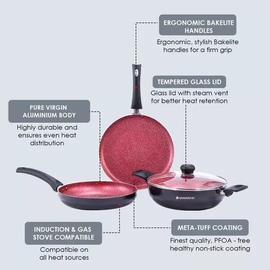 Wonderchef Sigma Dosa Tawa, Fry Pan & Kadhai with Glass Lid Non-Stick Virgin Aluminium Red & Black, 63153764 (4 Pcs Set)