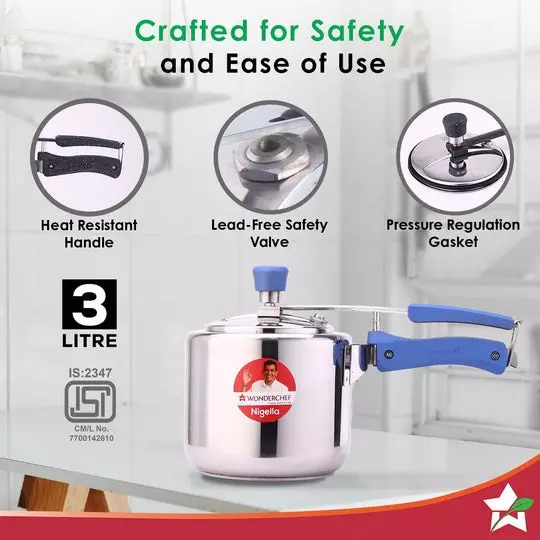 Wonderchef Nigella 3 L Pressure Cooker with Inner Lid Stainless Steel Chrome ISI Certified, 63153345