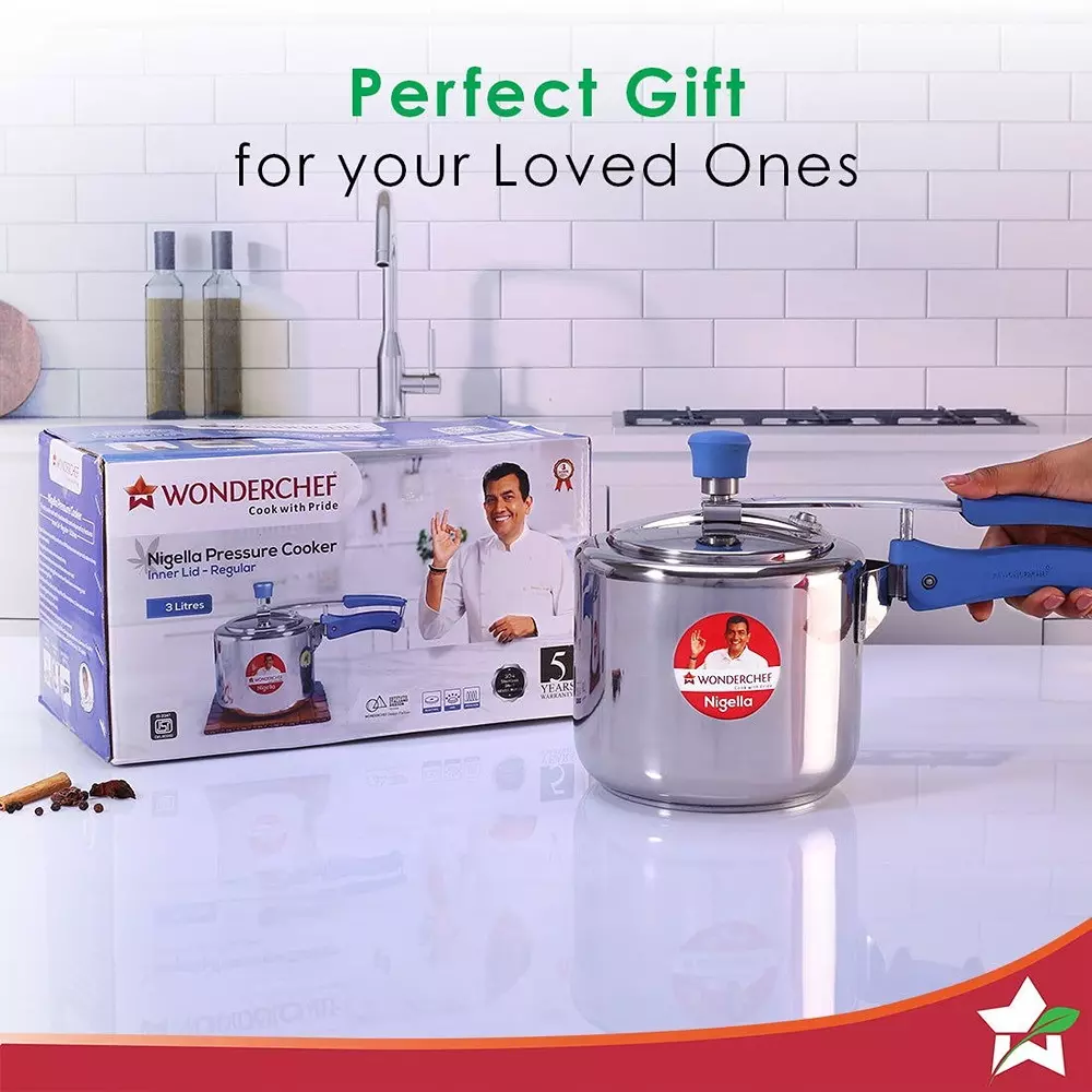 Wonderchef Nigella 3 L Pressure Cooker with Inner Lid Stainless Steel Chrome ISI Certified, 63153345