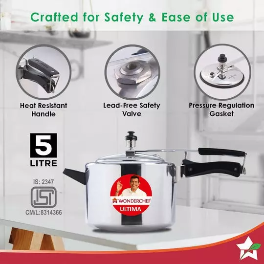 Wonderchef Ultima 5 L Pressure Cooker with Inner Lid Aluminium Silver ISI Certified, 63152604