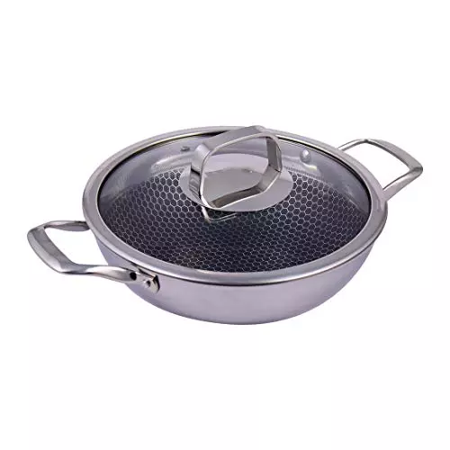 Wonderchef Stanton Kadhai with Glass Lid 24 cm 2 L Non Stick Tri-Ply Stainless Steel Chrome, 63152778