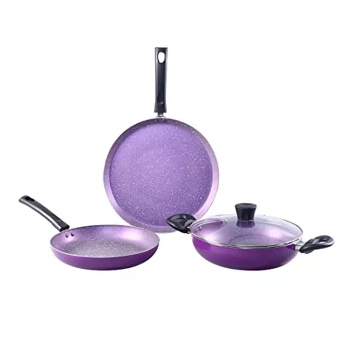 Wonderchef Tivoli Dosa Tawa, Fry Pan & Kadhai with Glass Lid Non Stick Virgin Aluminium (4 Pcs Set)