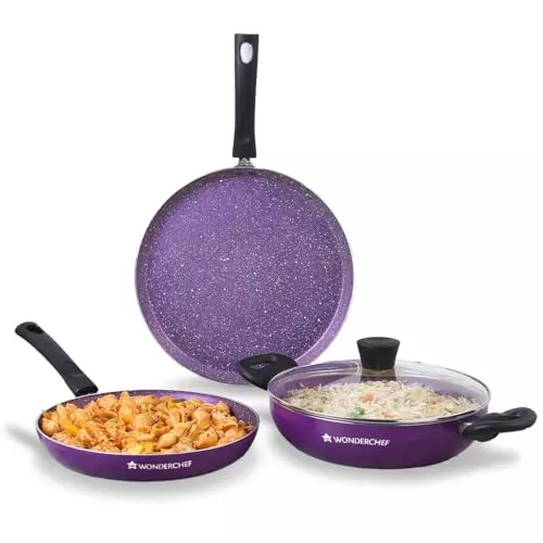 wonderchef-tivoli-dosa-tawa-fry-pan-kadhai-with-glass-lid-non-stick-virgin-aluminium-purple-63154456-4-pcs-set