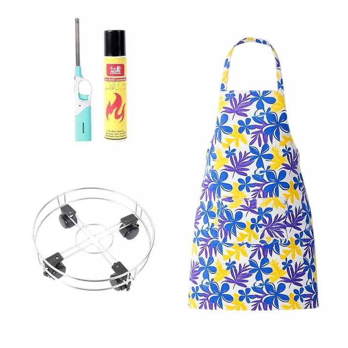Vansh Homes Cotton Water-Resistant Apron + Stainless Steel Wire Gas Trolley + Gas Lighter Kitchen Combo Set
