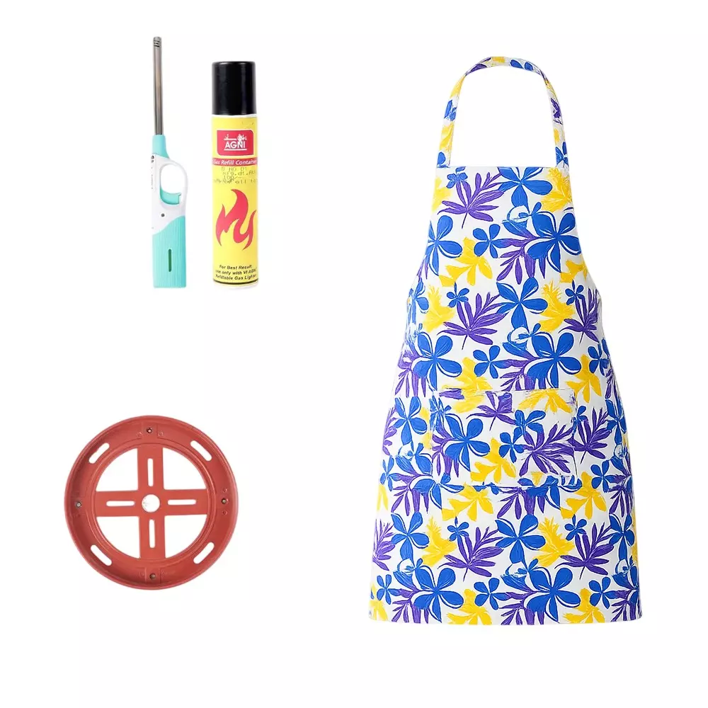 Vansh Homes Cotton Water-Resistant Apron + Plastic Gas Trolley + Gas Lighter Kitchen Combo Set