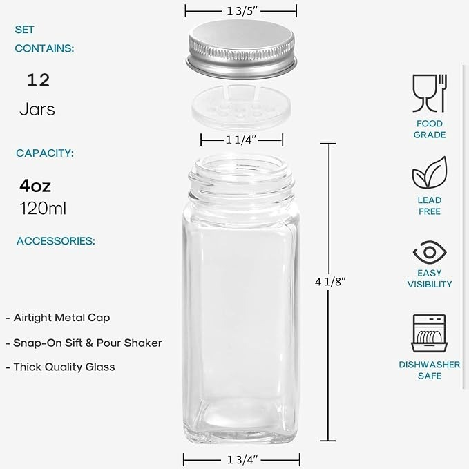GENERIC 120 ml Empty Glass Jar With Lid Transparent Square Shape for Storing Spices (Pack of 12)