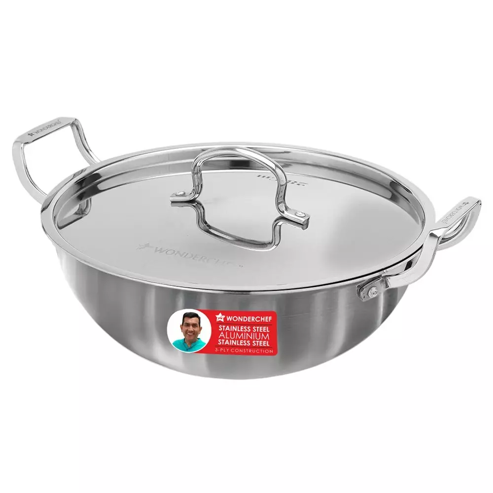 Wonderchef Stella Kadhai with Lid 28 cm 4.5 L Tri-ply Stainless Steel Non-Toxic Chrome, 63155053