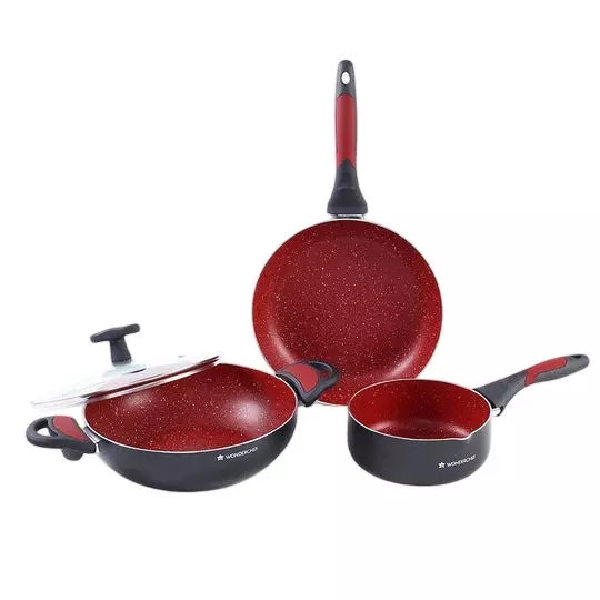 Wonderchef Burlington 1.15, 1.7 & 2.6 L Sauce Pan, Fry Pan & Kadhai with Glass Lid Pure Grade Aluminium Red/Black, 63153782 (4 Pcs Set)